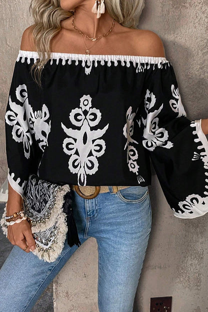 Black Tribal Printed Off Shoulder Loose Sleeve Blouse - Bagged Store