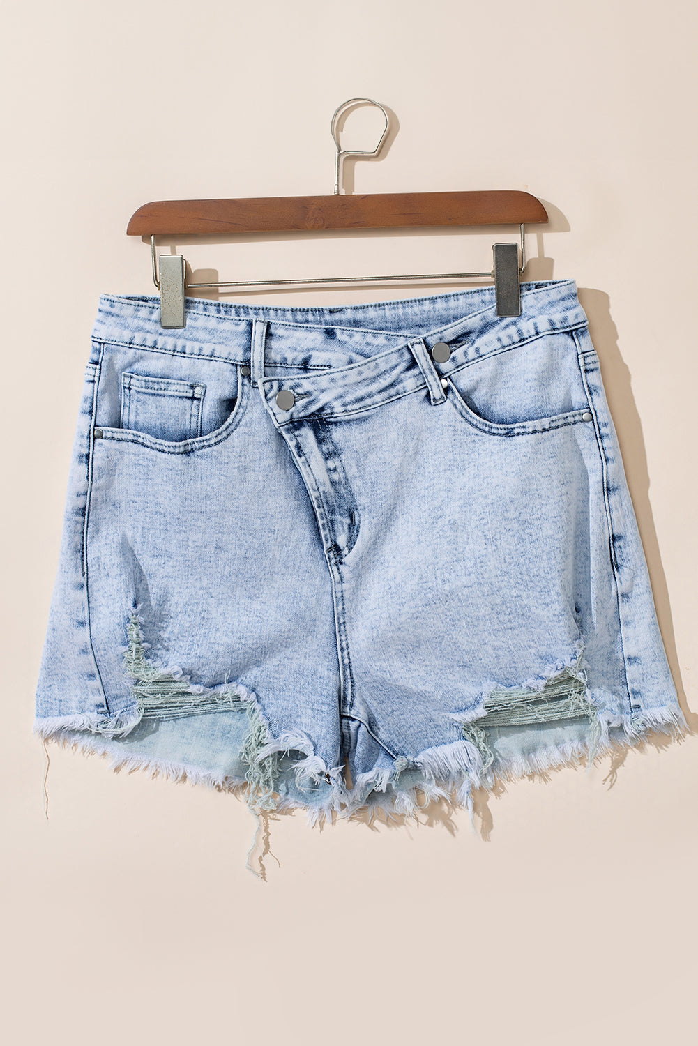 Light Blue Acid Wash Crossed Raw Edge Denim Shorts - Bagged Store