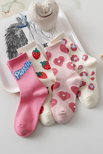 Light Pink Heart Print Ribbed Trim Soft Crew Socks - Bagged Store