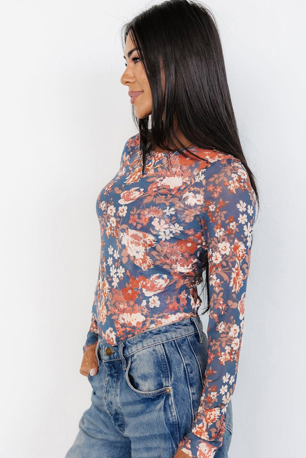 Black Floral Print Mesh Fitted Long Sleeve Top - Bagged Store