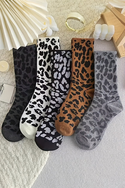 Chestnut Leopard Print Ribbed Crew Socks - Bagged Store