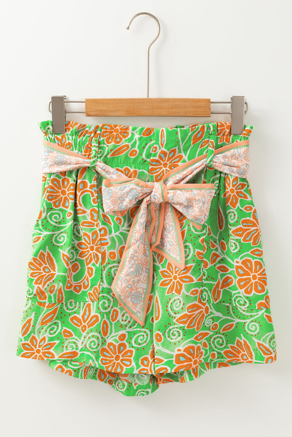 Green Floral Print Pocketed Front Knot High Waist Casual Shorts - Bagged Store