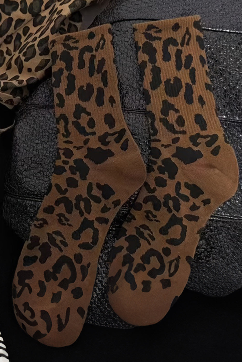 Chestnut Leopard Print Ribbed Crew Socks - Bagged Store