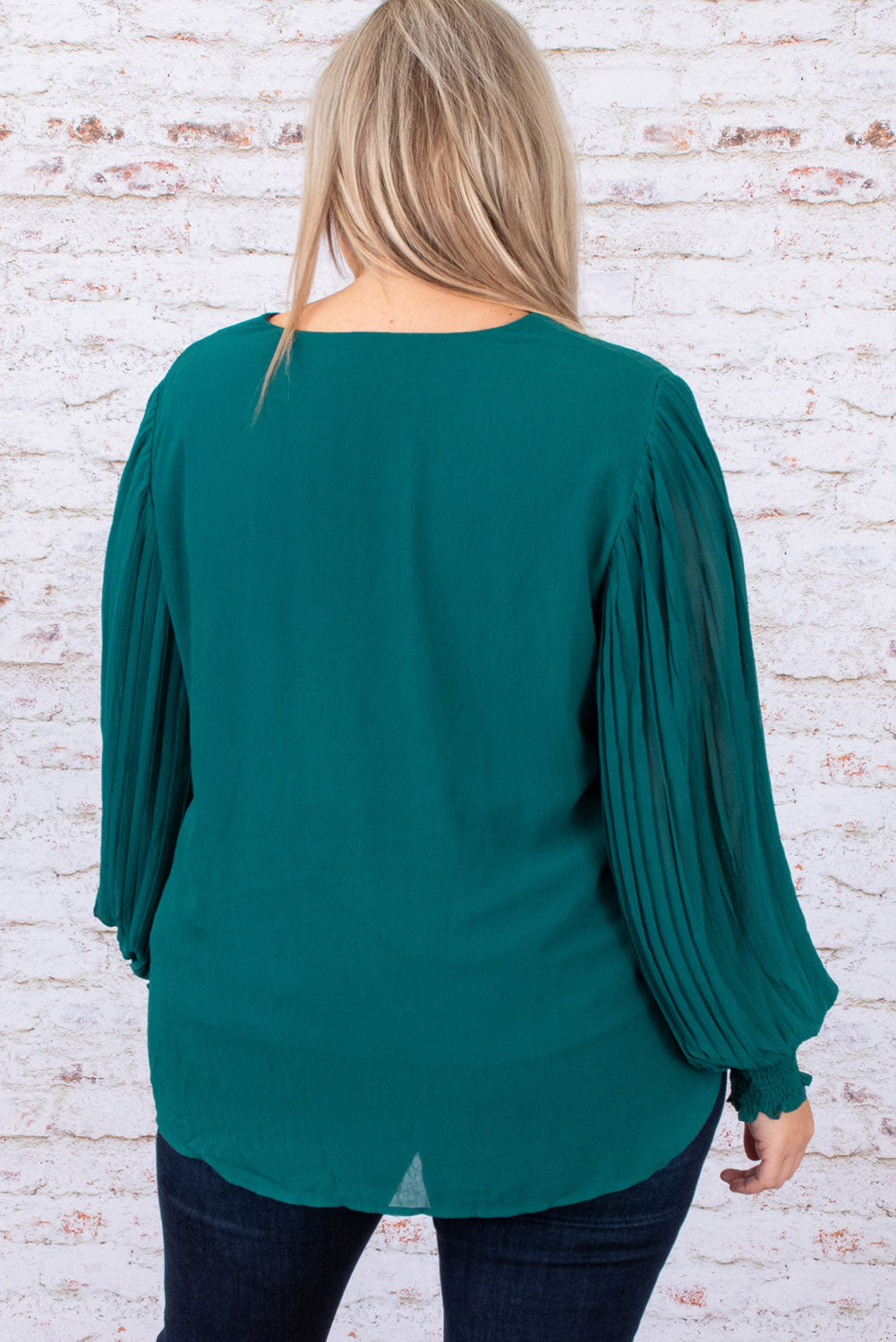 Green Pleated Bubble Sleeve Plus Size Blouse - Bagged Store