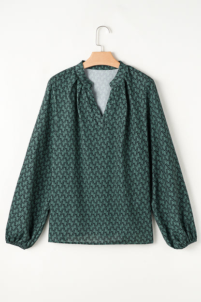 Green Geometric Print Notched Neck Puff Sleeve Blouse - Bagged Store