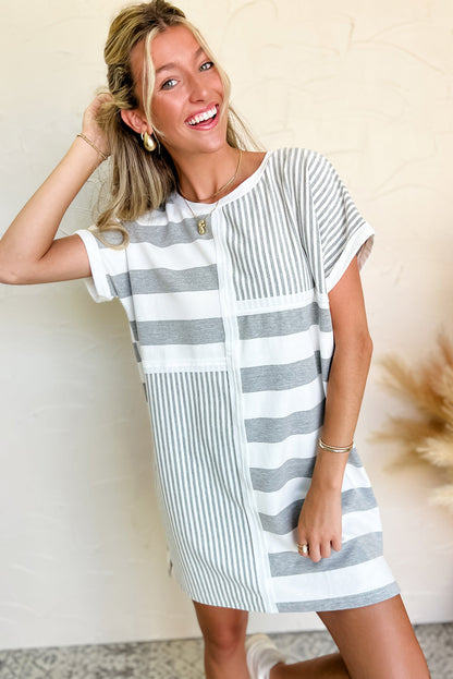 Gray Stripe Mixed Printed Short Sleeve Shift Mini T Shirt Dress - Bagged Store