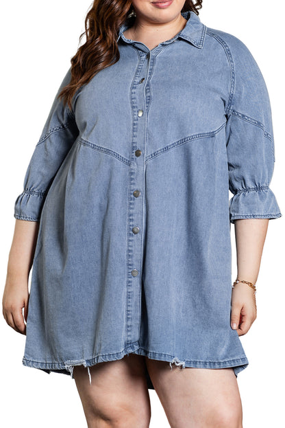 Light Blue Ruffled 3/4 Sleeve Buttoned Front Plus Size Denim Dress - Bagged Store