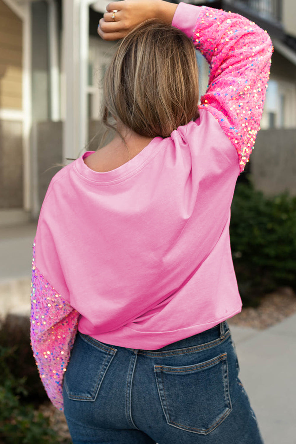 Pink Plus Size Sequin Sleeve Drop Shoulder Sweatshirt - Bagged Store