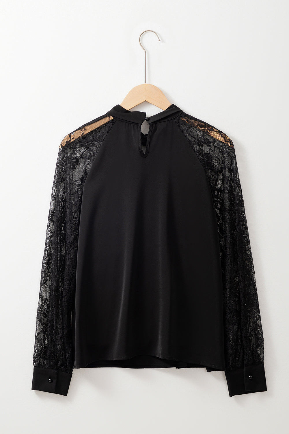 Black Keyhole Neckline Floral Lace Raglan Sleeve Blouse - Bagged Store