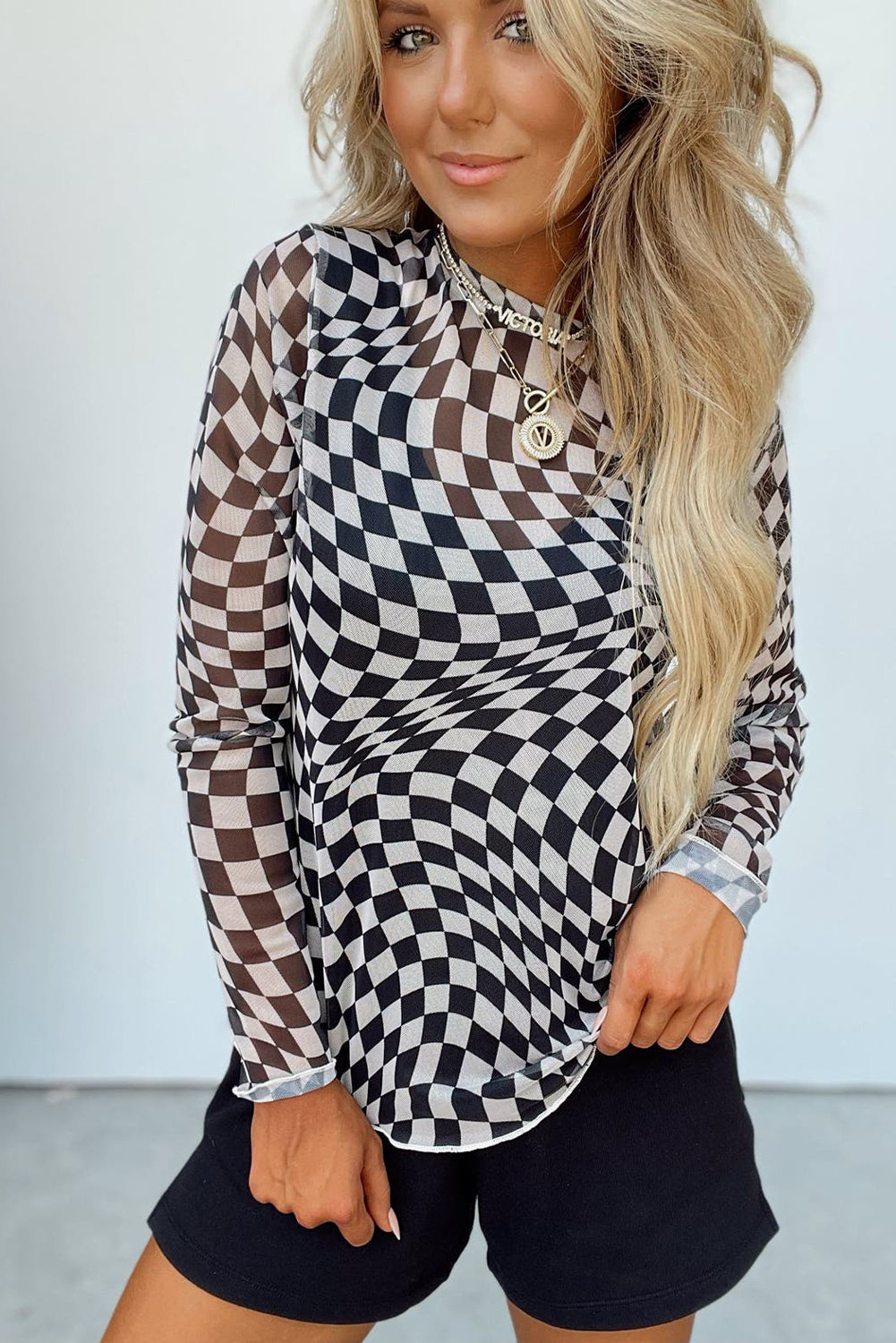 Khaki Checkered Pattern Mesh Mock Neck Long Sleeve Top - Bagged Store