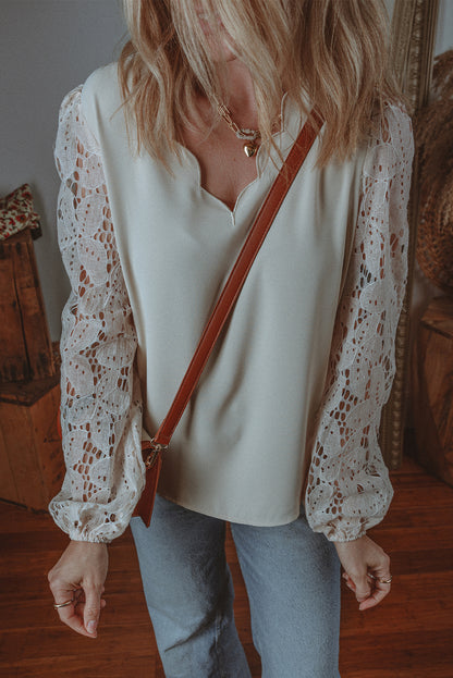 White Scalloped V Neckline Lace Hollowed Lantern Sleeve Blouse - Bagged Store